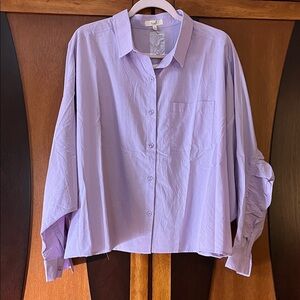 NWT Easel Lavender Button Down Shirt w/Dolman Sleeves & Back Cuff 2 Cuff Ruffle